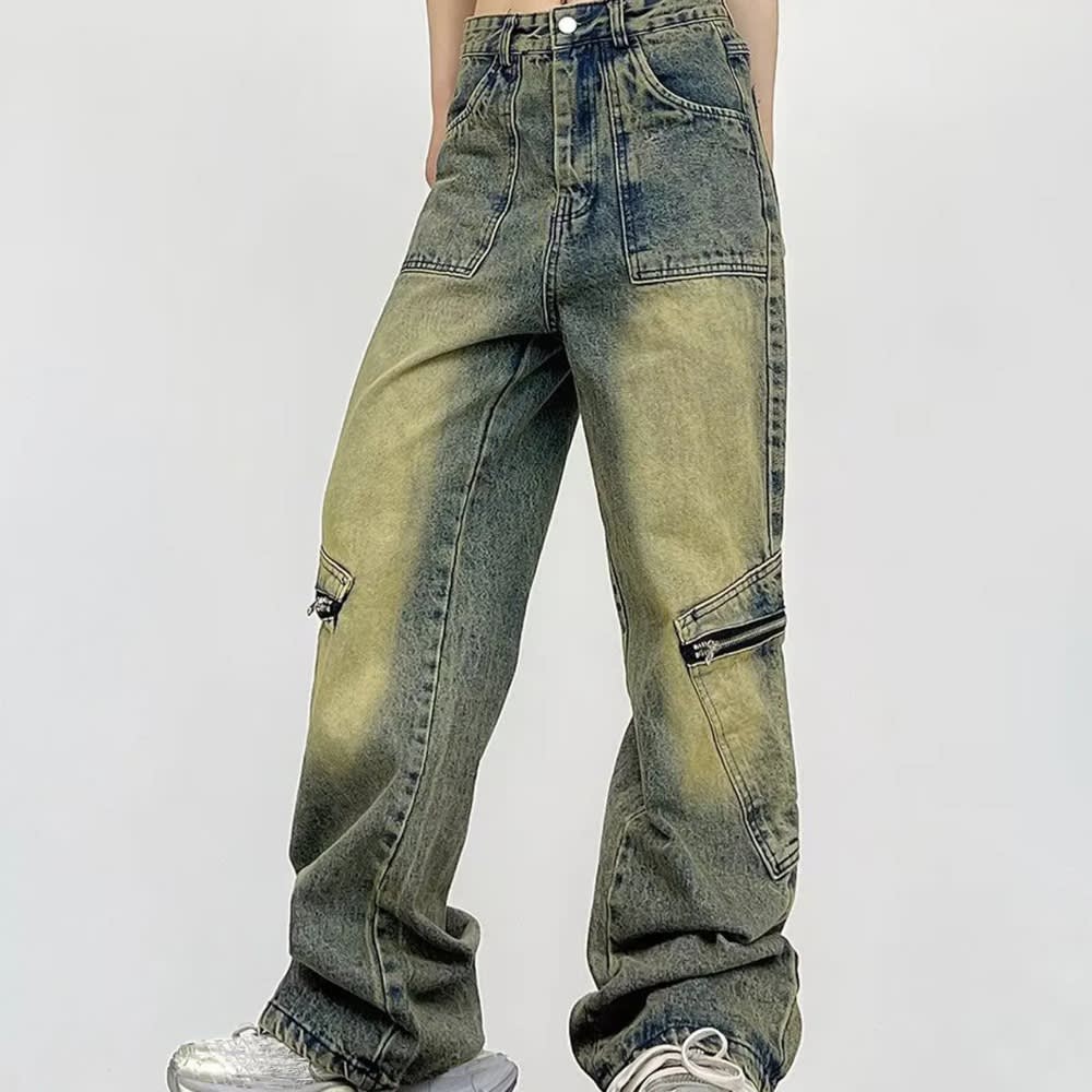 Men's Patchwork High Waisted Retro Slim Denim Cargo Trousers